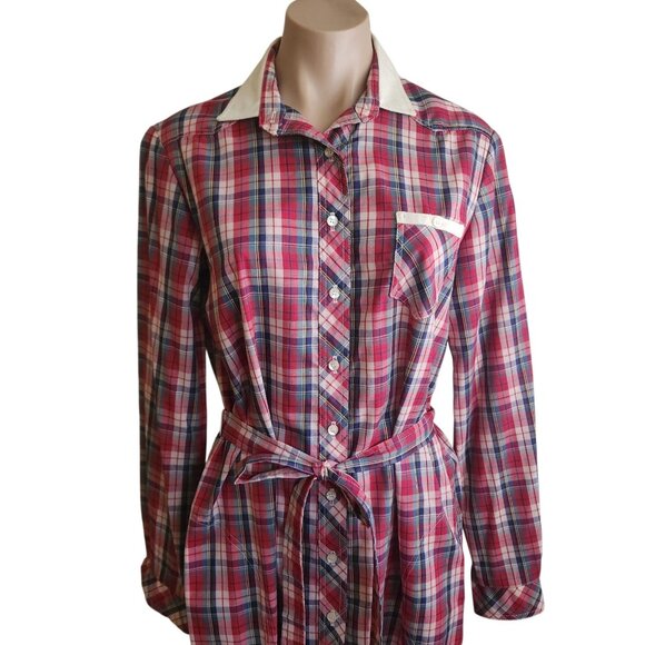 Vintage Lanz 1970s Belted Shirt Dress Western Red White Plaid Print Size 11/12 - Picture 2 of 16